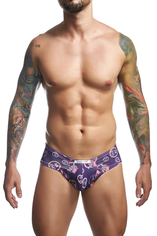 Justin+Simon XSJ22 cheek briefs pride patterned purple men’s underwear with vibrant hearts and pride text design