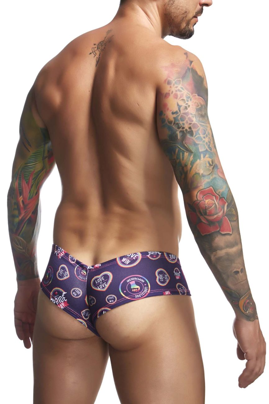 Purple patterned swim trunks with heart and love designs in a bold colorful print from justin+simon color pride collection