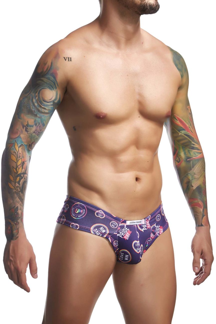 Purple patterned men’s briefs by justin simon with circular pride motifs and heart symbols in a vibrant cheek brief design