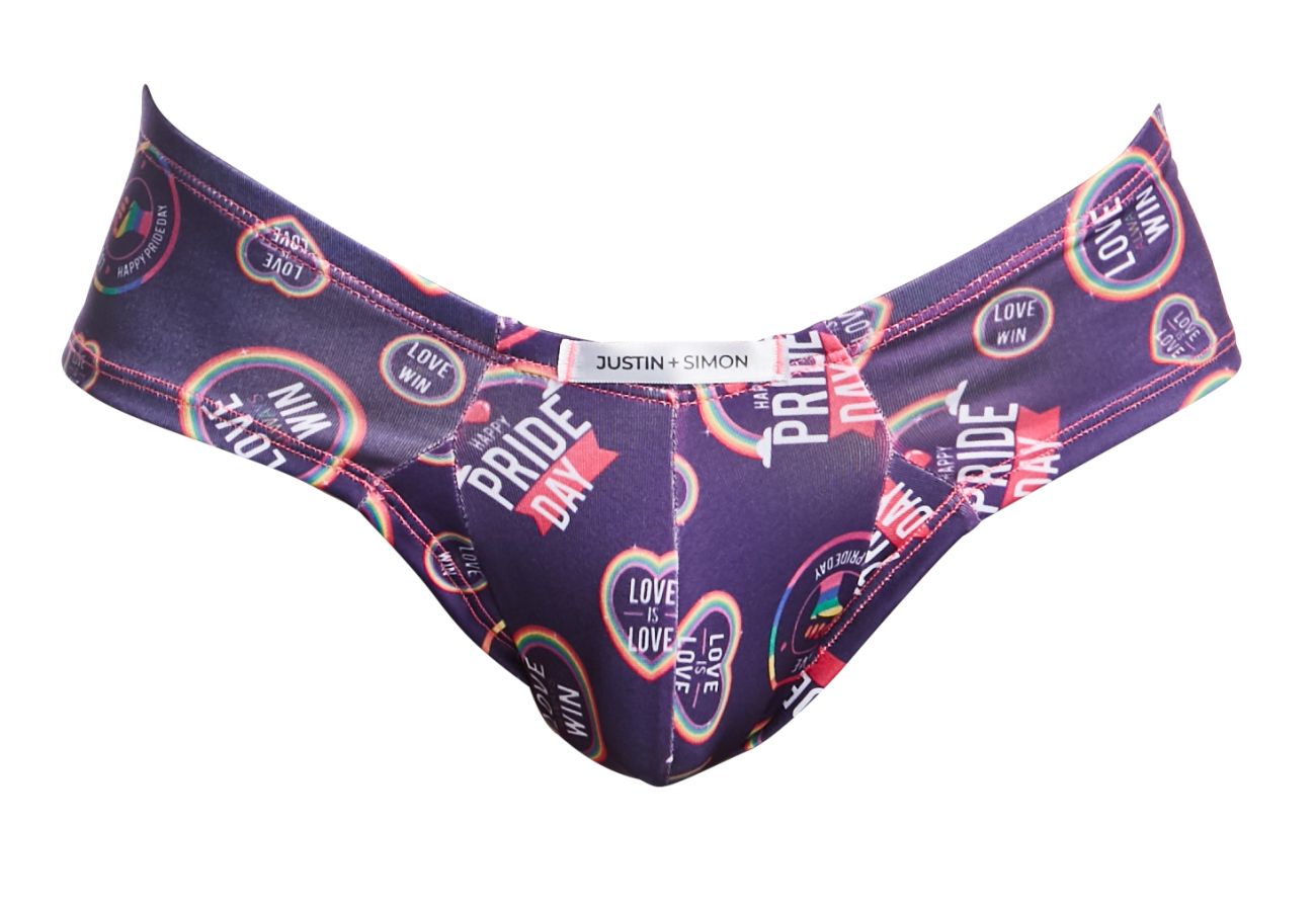 Purple justin plus simon pride day bikini bottom with rainbow and love win graphics from justin plus simon xsj22 cheek briefs color pride collection