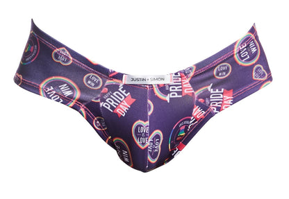 Purple justin plus simon pride day bikini bottom with rainbow and love win graphics from justin plus simon xsj22 cheek briefs color pride collection