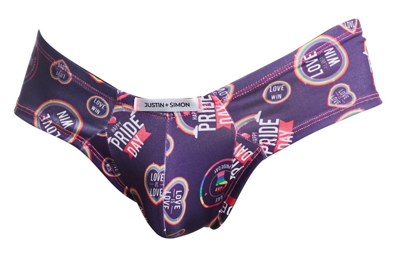 Purple justin simon pride day cheek briefs with rainbow love win graphics in cotton for pride celebration wear