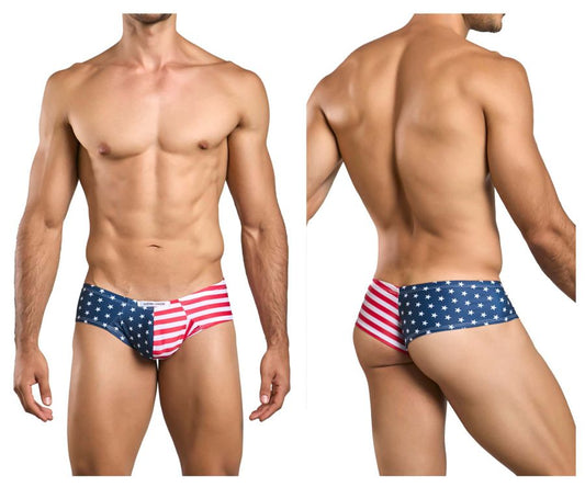 American flag-themed men’s briefs with red white and blue stripes and stars by justin simon model xsj22 cheek briefs