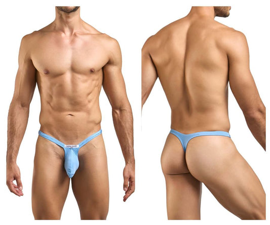 Light blue form-fitting thong with central pouch and narrow waistband from JUSTIN SIMON XSJBU02 bulge thongs collection