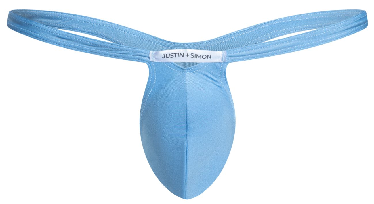 Light blue justin + simon men’s thong made of smooth stretchy fabric with a sleek minimalist design in baby blue