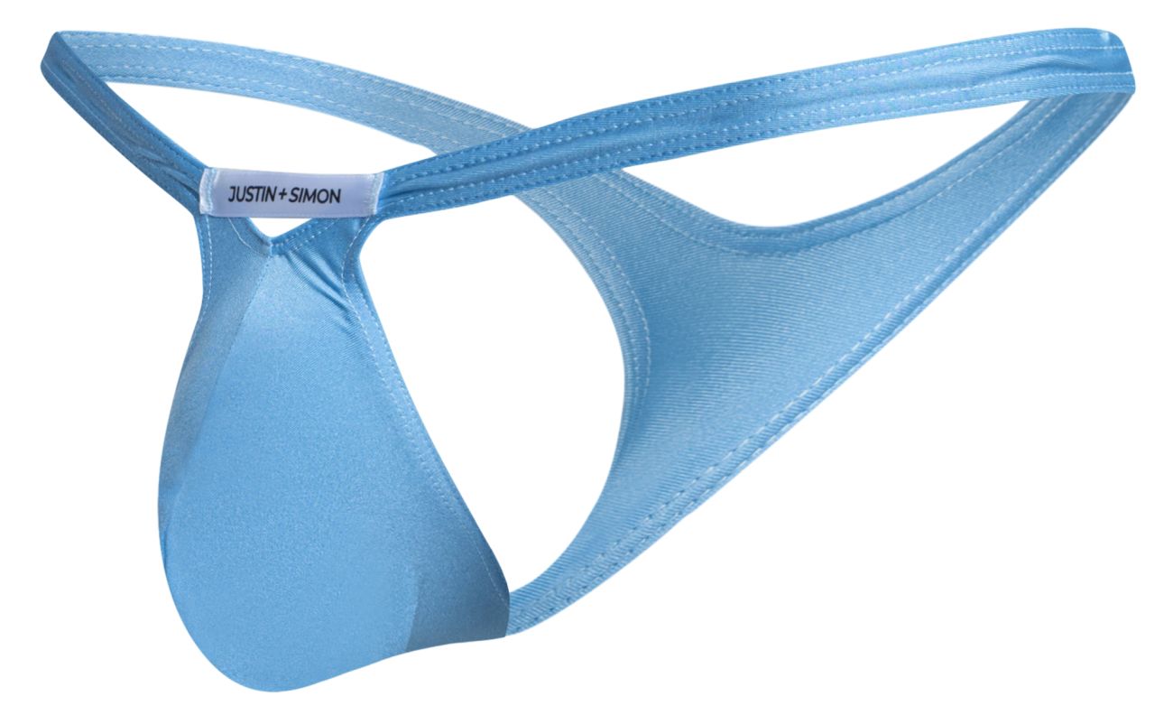 Light blue satin-like fabric thong with subtle sheen and stitched detailing featuring justin + simon brand label on strap