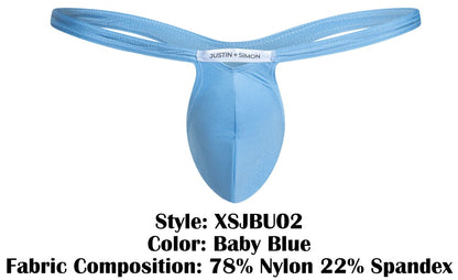 Baby blue justin simon bulge thong in stretchy nylon and spandex blend shown from the back side