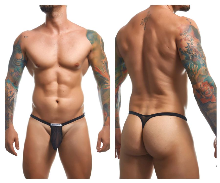 Black mesh bulge thong with solid black waistband and small white label at front from justin simon xsjbu02