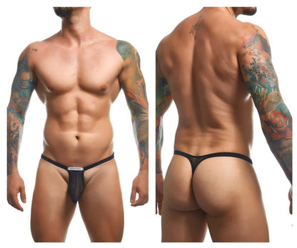 Black mesh bulge thong with solid black waistband and small white label at front from justin simon xsjbu02