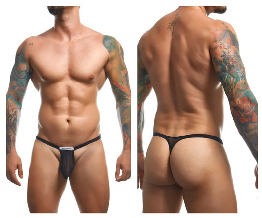 Black mesh bulge thong with solid black waistband and small white label at front from justin simon xsjbu02