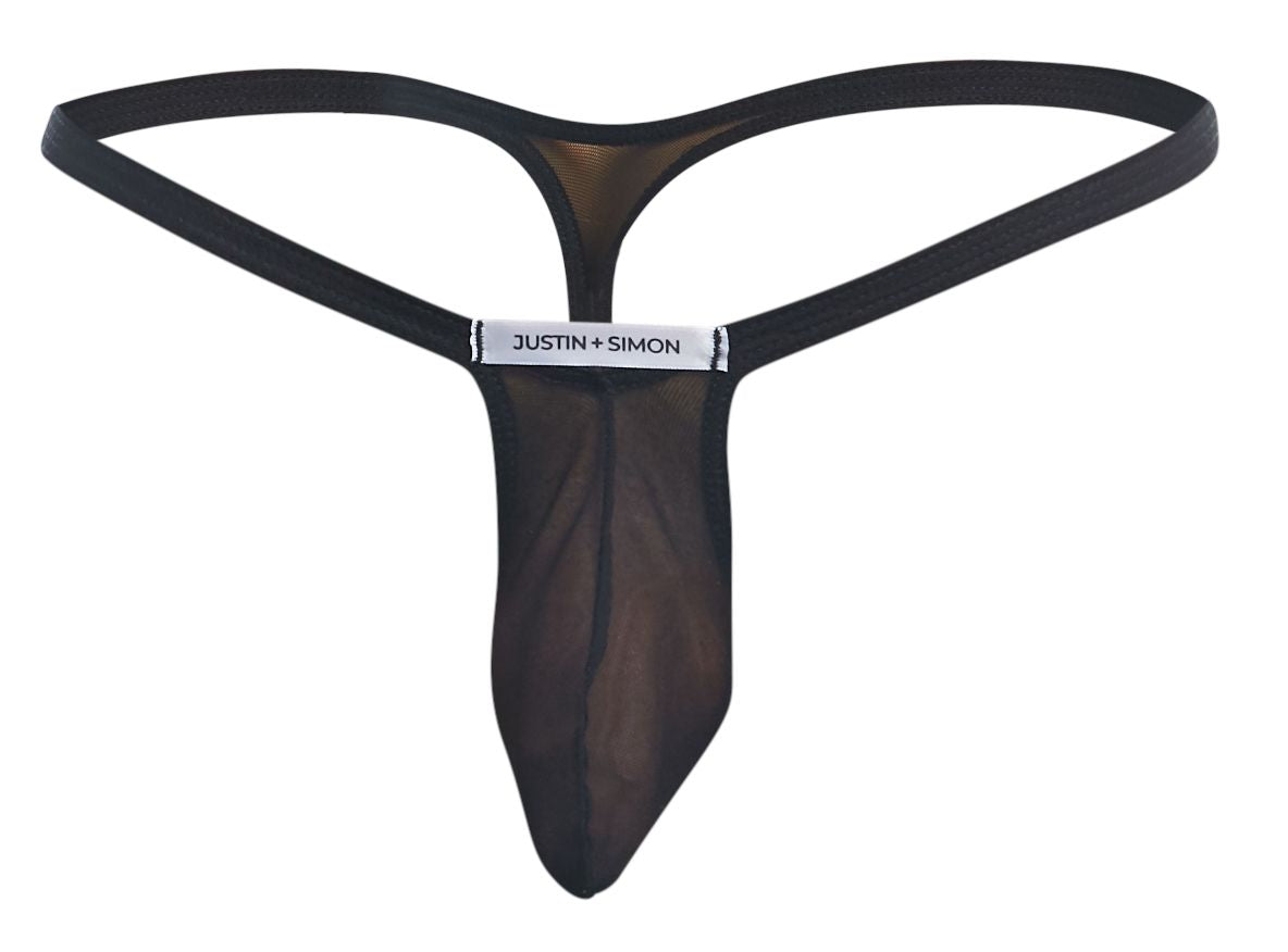 Black sheer mesh thong with solid waistband and justin simon branding from justin simon xsjbu02 bulge thongs