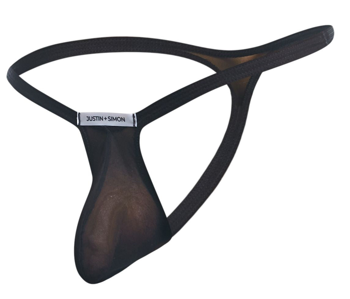 Black sheer mesh thong with solid black elastic band and justin plus simon brand label in black mesh