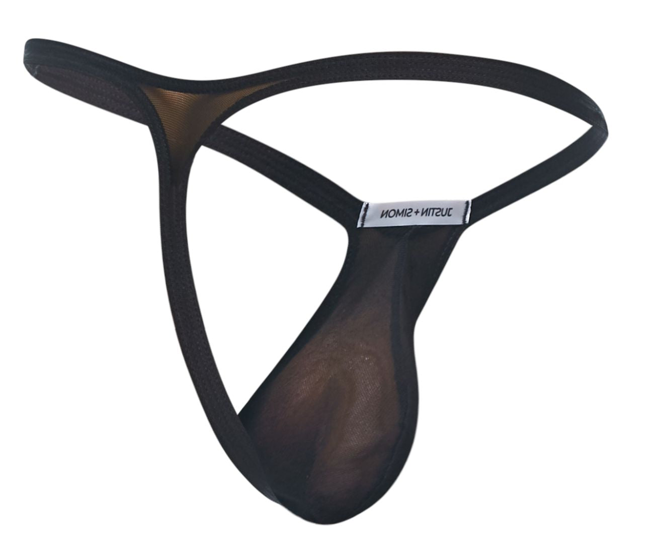 Black mesh bulge thong with sleek minimalist design and branded juztin simon waistband label in XSJBU02 style