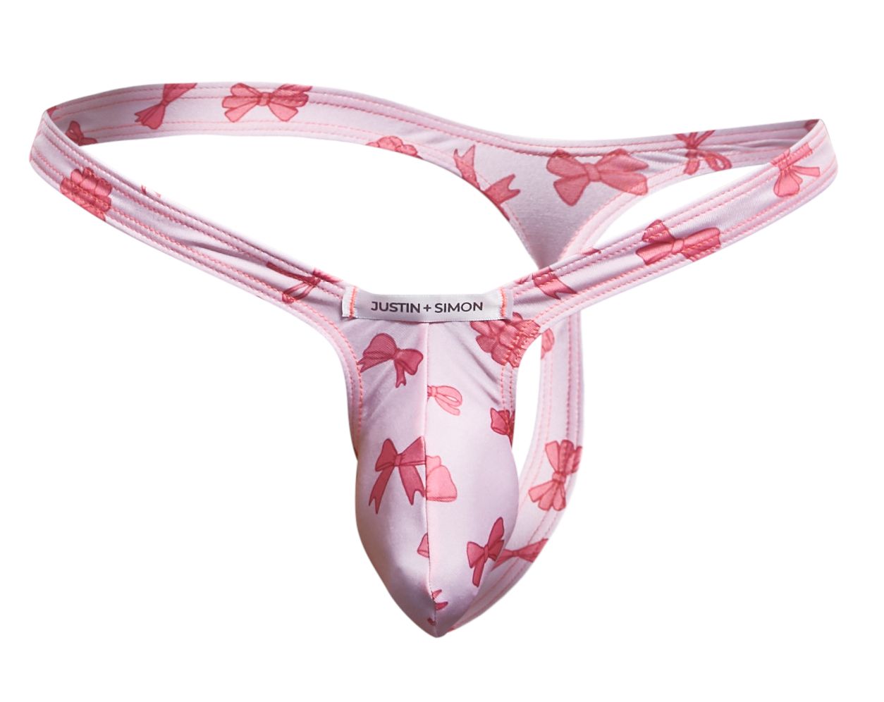 Pink bow-patterned justin and simon coquette bulge thong showing front in soft fabric for stylish comfort