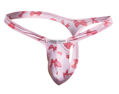 Pink bow-patterned justin and simon coquette bulge thong showing front in soft fabric for stylish comfort