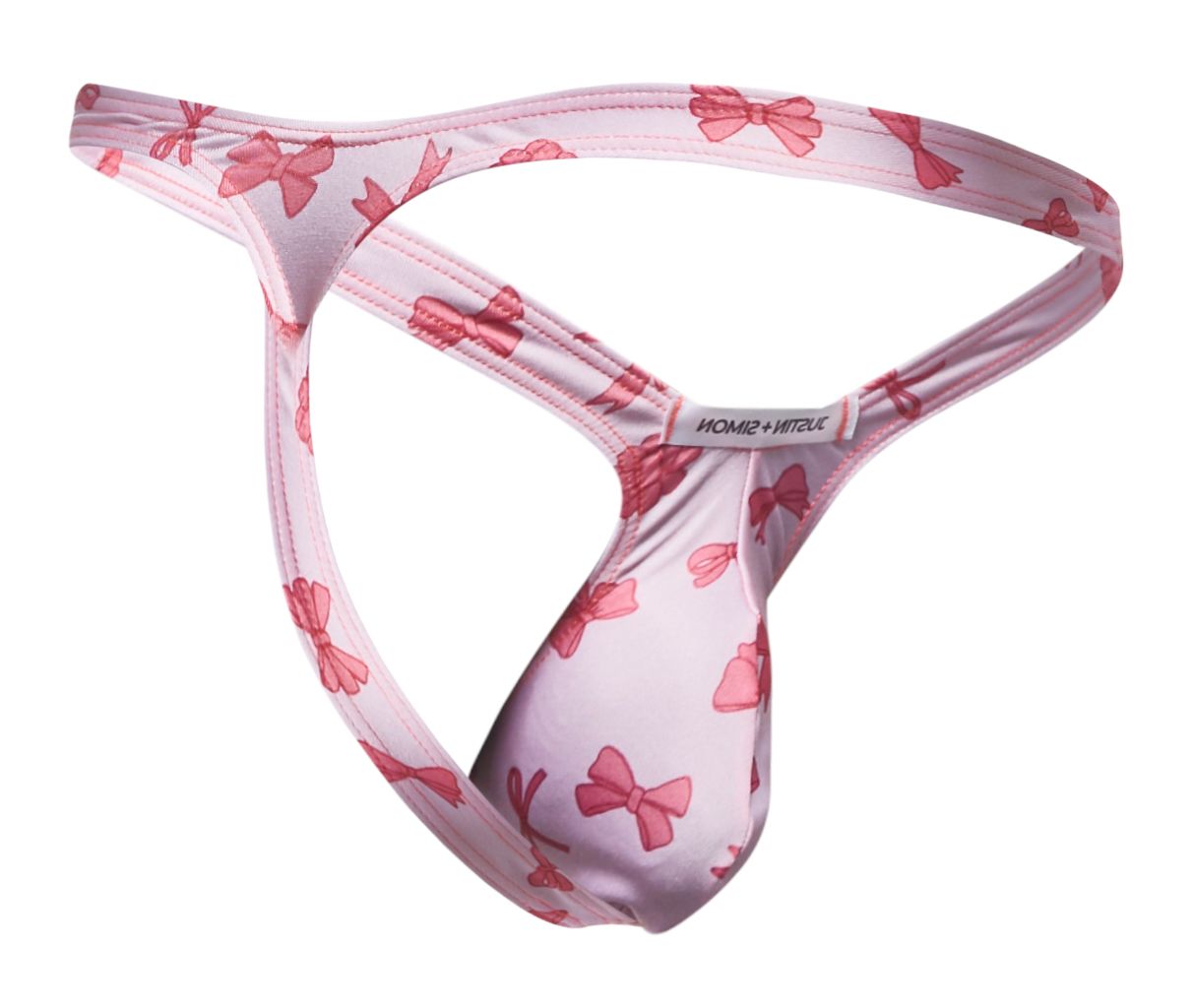 Pink bow-patterned coquette thong in soft stretchy fabric with branded tag by Justin Simon xsjbu02 bulge thongs