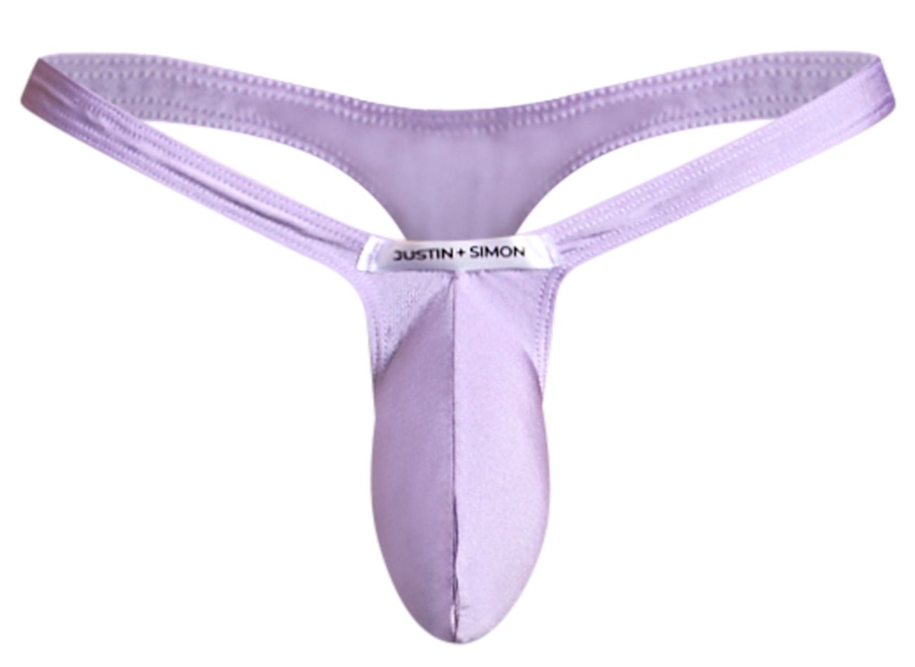 Purple satin bulge thong with a white justin plus simon label in lilac color for stylish comfort