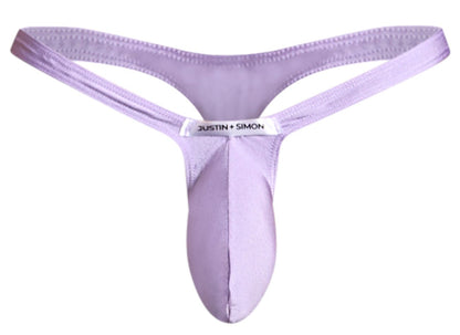 Purple satin bulge thong with a white justin plus simon label in lilac color for stylish comfort