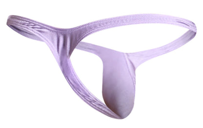 Justin Simon XSJBU02 bulge thong in lilac satin with a sleek glossy finish and subtle edge stitching