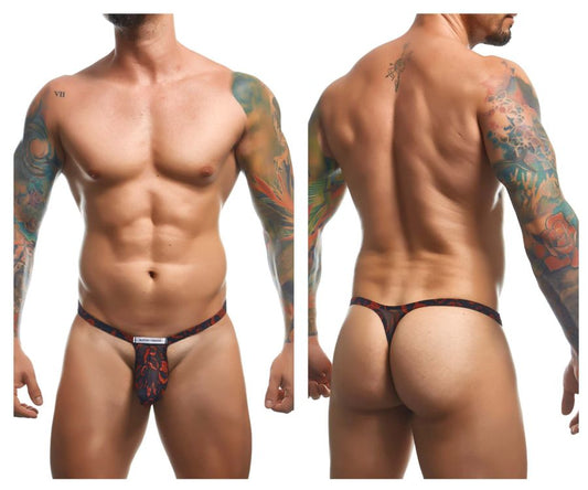 Black and red patterned Justin Simon XSJBU02 bulge thong with small white label at the front color lips design