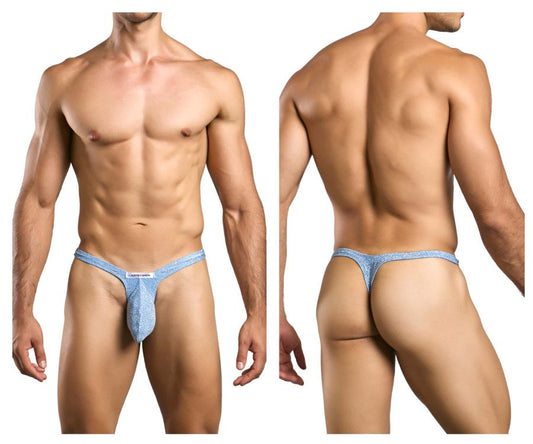 Light blue lurex fabric thong with subtle pattern and small brand tag at front by Justin Simon XSJBU02 bulge thong