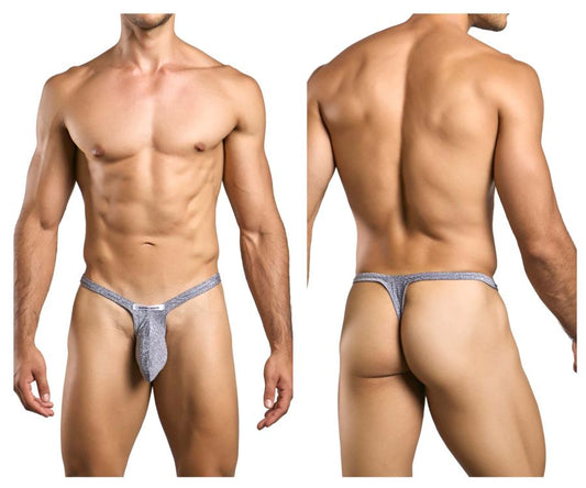 Silver glittery lurex gray bulge thong with subtle pattern and small justin simon brand tag at the front