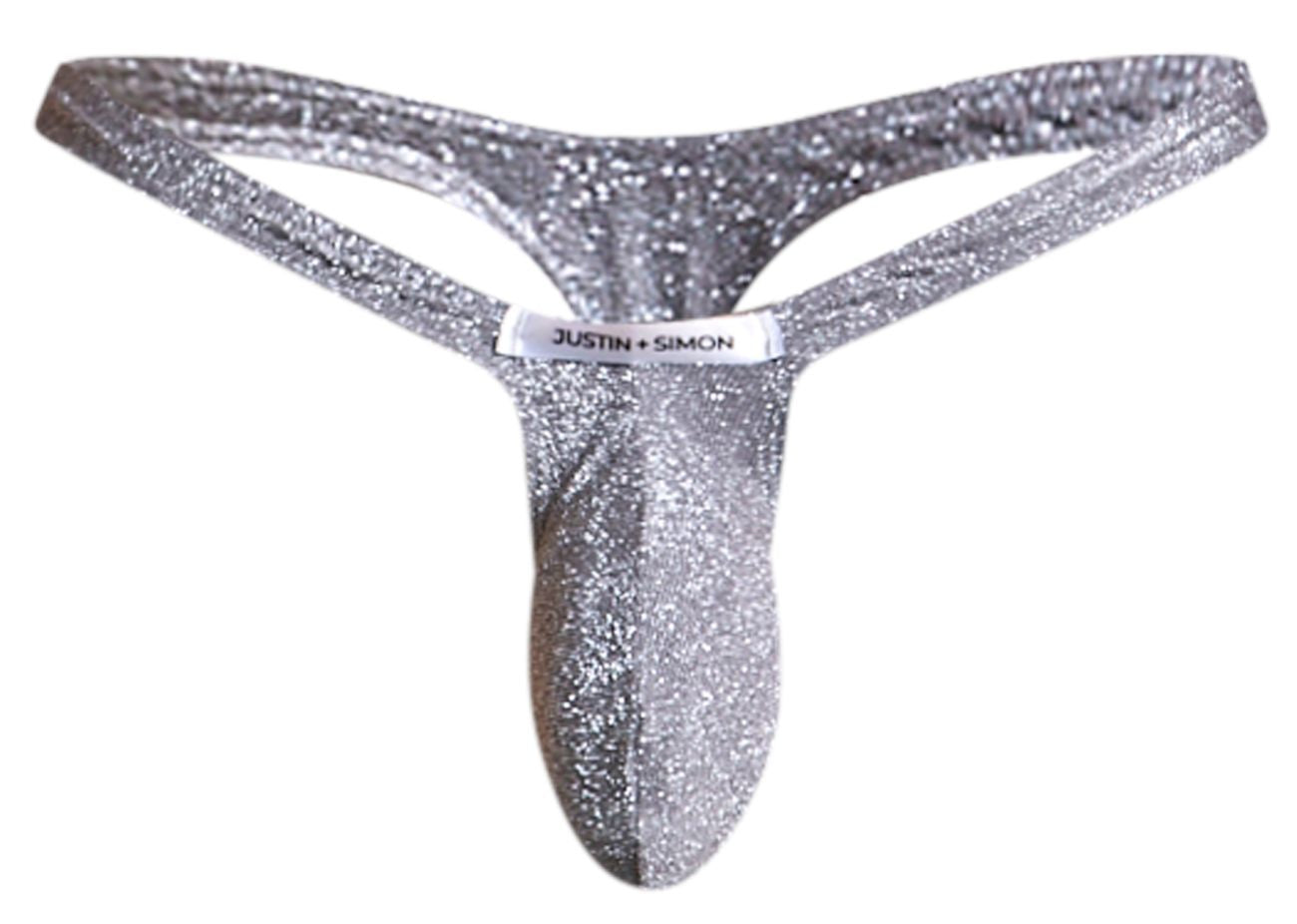 Silver glittery thong in lurex gray with justin plus simon brand label from JUSTIN+SIMON XSJBU02 Bulge Thongs collection