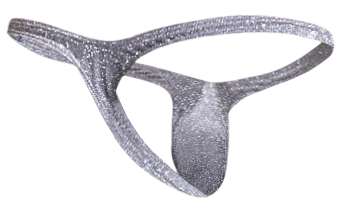 Justin simon xsjbu02 bulge thong in lurex gray with a silver glittery textured sparkly surface