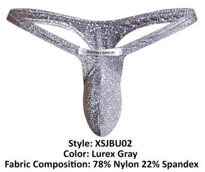 Shiny silver glittery lurex gray thong with justin plus simon label at the waistband for men bulge support