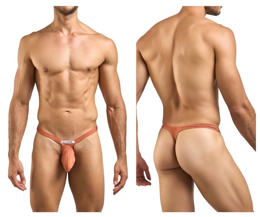 Justin simon xsjbu02 bulge thong in peach with a supportive pouch and small white label at the front