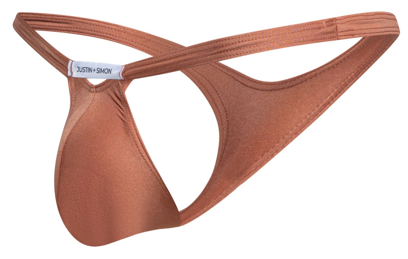 A sleek copper-toned justin+simon XSJBU02 bulge thong in smooth satin with minimalist design and crossed back straps backside view