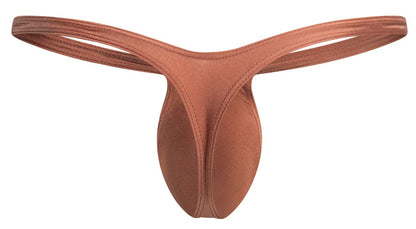 Tan seamless thong in ochre by justin simon made of stretchy fabric with smooth form fitting design