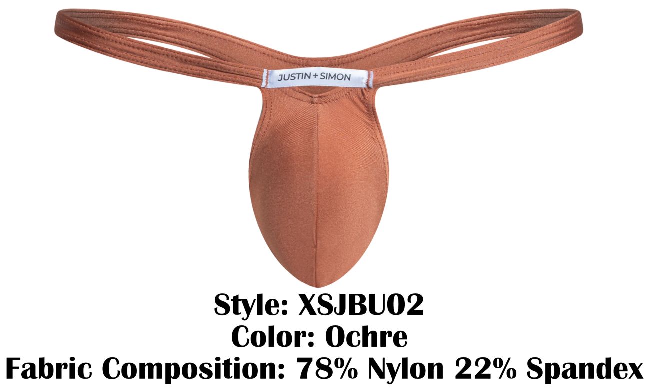 Ochre-colored justin simon nylon spandex bulge thong showing the back side in product XSJBU02 design