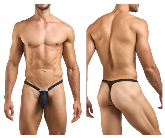 Black thong with narrow waistband and small rectangular logo from JUSTIN SIMON XSJBU02 bulge thongs in peach black
