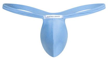Light blue justin simon bulge thong with smooth stretchy fabric and central pouch design for comfortable wear
