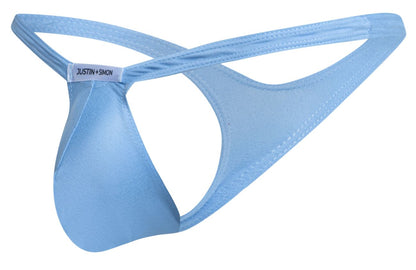 Light blue justin plus simon men’s thong with smooth stretchy fabric and crossed back straps shown from the back side