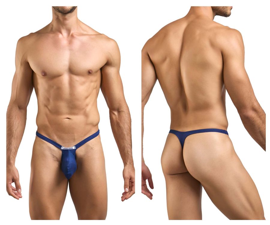 Justin+Simon xsjbu02 peach navy bulge thong in blue with supportive contoured design and small white logo on front