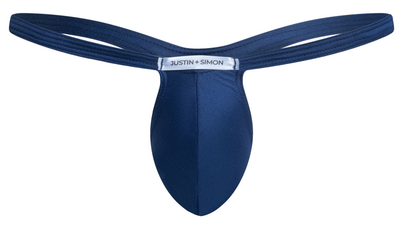 Navy blue justin plus simon thong in smooth form-fitting fabric with sleek contoured design for a bulge enhancing fit