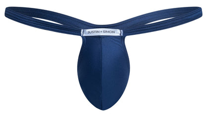 Navy blue justin plus simon thong in smooth form-fitting fabric with sleek contoured design for a bulge enhancing fit