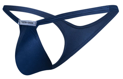 Navy blue justin simon bulge thong with smooth stretchy fabric and crossed back straps shown from the back side