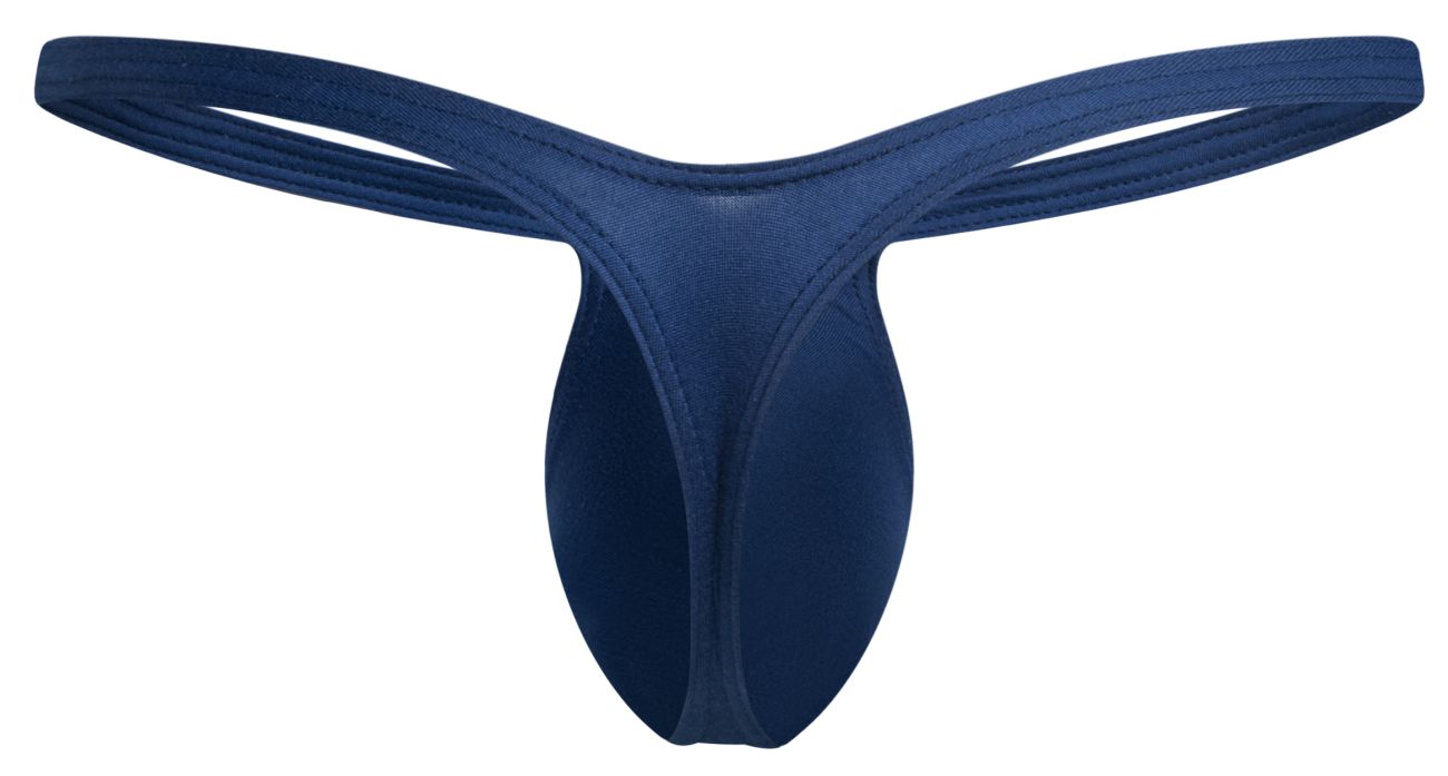 Deep navy blue justin simon bulge thong made of smooth stretchy fabric with a sleek minimalist design