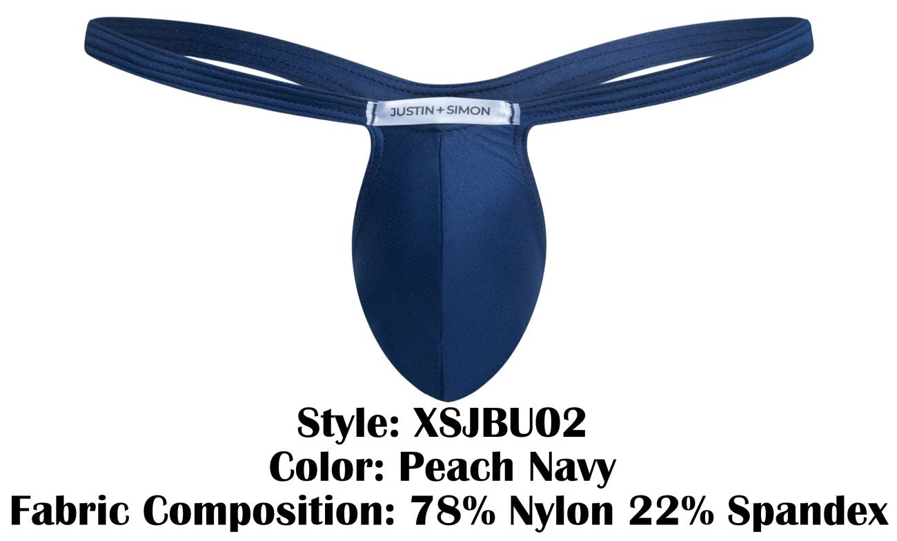Peach navy justin simon bulge thong in sleek form fitting design made of 78 nylon and 22 spandex front view