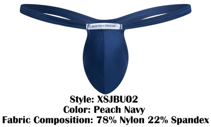 Peach navy justin simon bulge thong in sleek form fitting design made of 78 nylon and 22 spandex front view