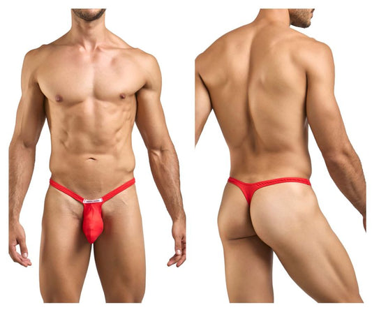 JustinSimon xsjbu02 bulge thong in peach red with textured waistband and small white front label in a form-fitting design