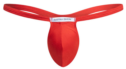 Red justin + simon thong in peach red with smooth satin fabric and sleek contoured design for comfortable wear