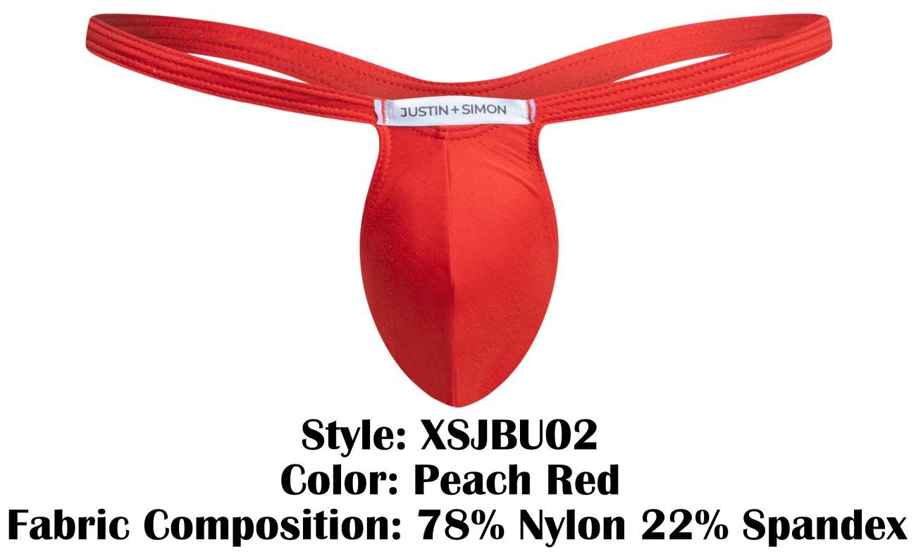 Peach red nylon and spandex bulge thong by justin simon showing front side in product xsjbu02 design