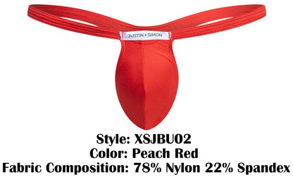 Peach red nylon and spandex bulge thong by justin simon showing front side in product xsjbu02 design