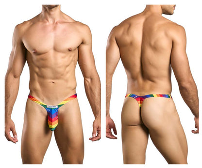 Rainbow-colored stretchy fabric thong with bold stripe pattern and calvin klein logo in justin simon xsjbu02 pride flag collection