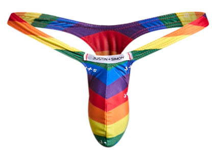 Rainbow-striped men’s bulge thong by justin + simon in pride flag colors for vibrant and comfortable wear
