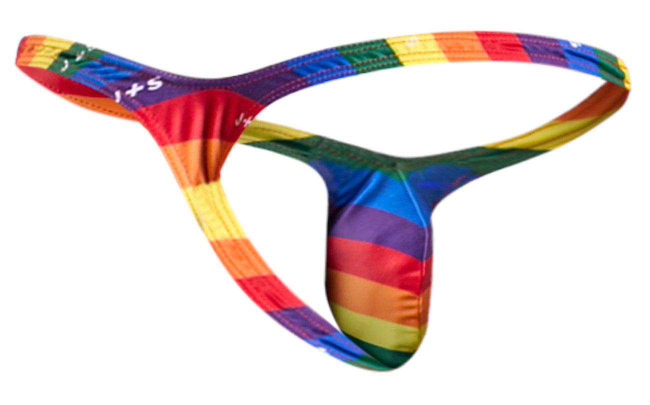 Rainbow-striped men’s gloss finish bulge thong with stretchy fabric and j+s branding on waistband from Justin+Simon